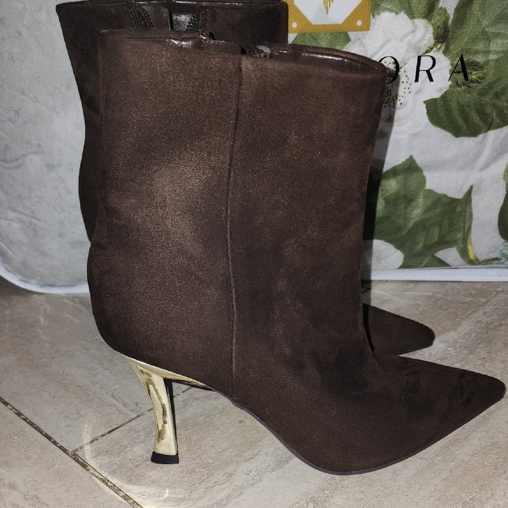 nine westBrown Suede Ankle Boots with Gold Heel